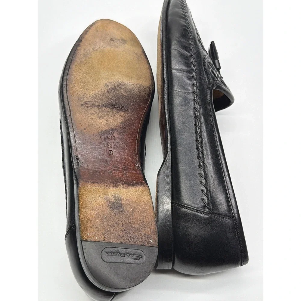 Santoni Mens Black Woven Leather Tassel Loafers Made‎ in Italy 11 B